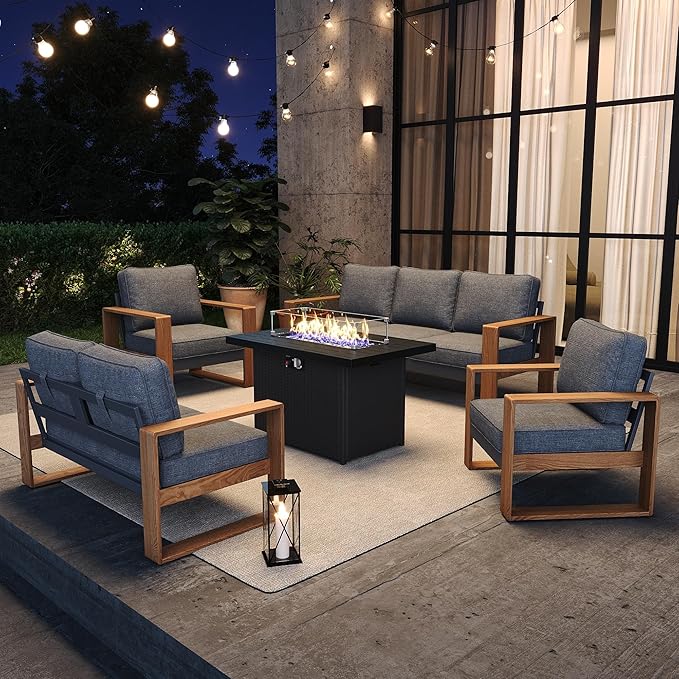 5 Pieces Aluminum Patio Furniture Set, Outdoor Conversation Sets with High Backrest Sofa and Fire Pit Table for Garden and Backyard