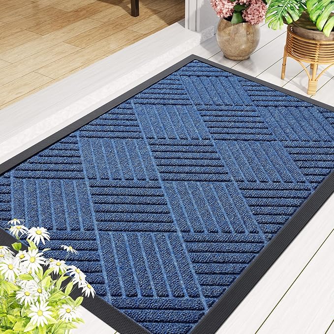 Smiry Front Door Mat Outside Entrance, Heavy Duty Outdoor Indoor Mat, Natural Rubber Doormat, Non Slip, Trap Dirt and Moisture, Easy Clean, Low Profile Patio Porch Entryway Mat, 29.5x17, Ocean Blue