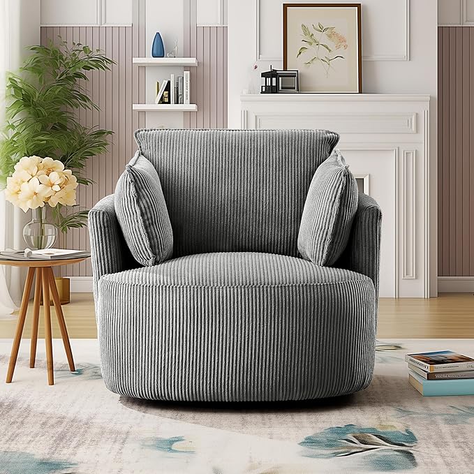 Chorlenimi Swivel Accent Chair Round Barrel Armchair Upholstered Living Room Chair Corduroy Reading Chair Single Sofa Chair for Bedroom Apartment Office (Grey, Standard 1Seater)