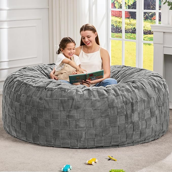 Hobestluk Bean Bag Chairs Beanbag Chair with Filler Adult Bean Bags with Fluffy Cover, Giant Bean Bag Chairs for Aduts for Living Room, Bedroom (Grey, 6FT - 70" x 70" x 15")