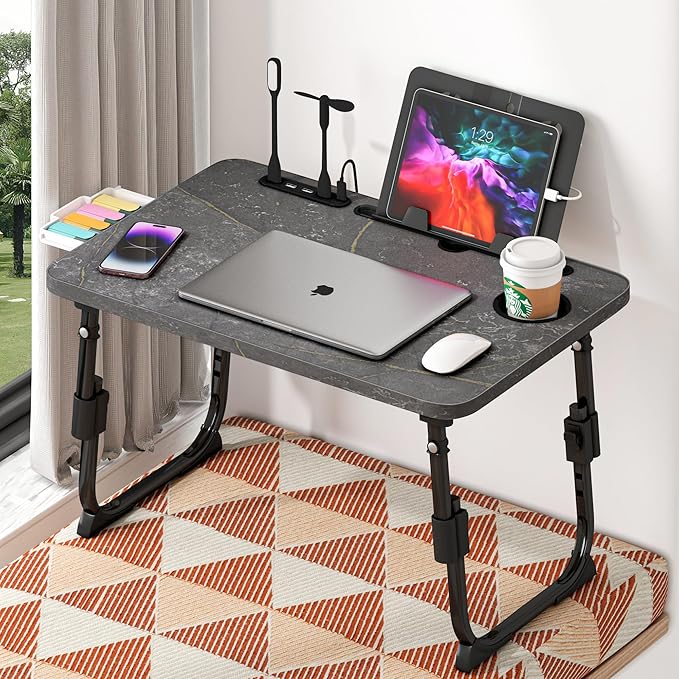 Laptop Desk for Bed Height Adjustable, Lap Bed Table with USB/Storage Drawer/Cup Holder/Tablet Stand/Book Shelf, Foldable Breakfast Tray Portable for Reading Writing, Sofa & Floor, Deep Stone Texture