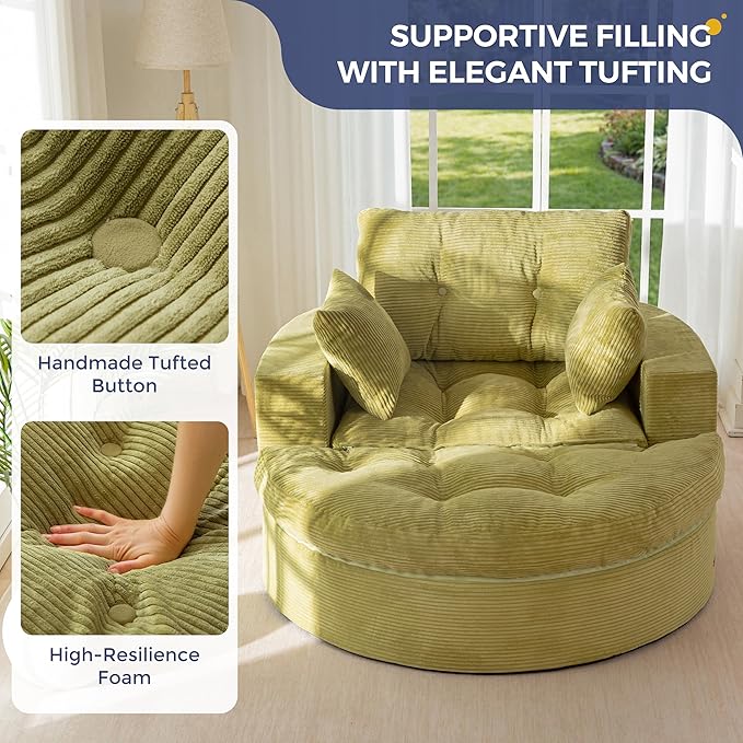 MAXYOYO Oversized Round Chaise Lounge Sofa, Upholstered Lounge Chair with 3 Pillows, Boneless Sofa Couch with Ottoman, Deep Seat Sleeper Chair for Living Room, Bedroom, No Assembly, Green