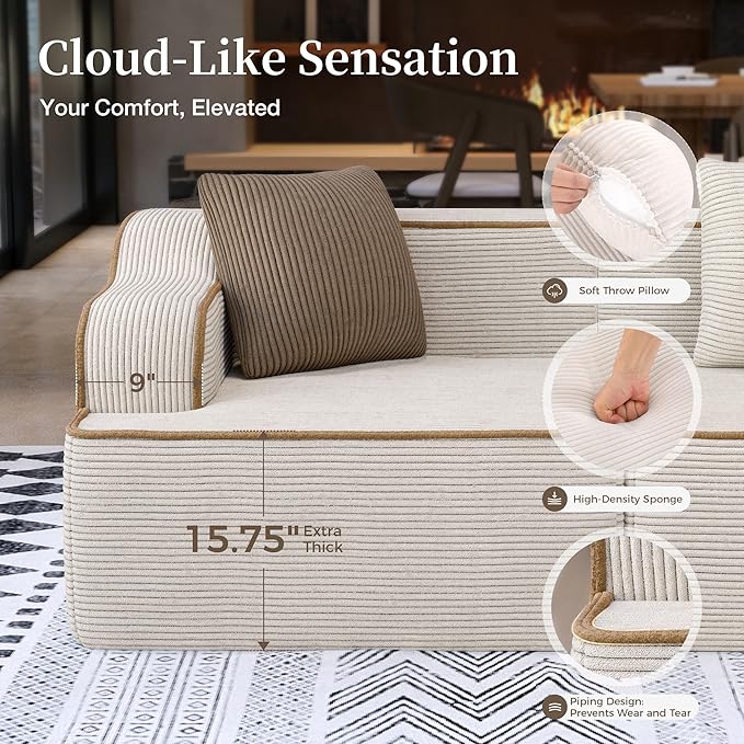 SUNSHINE VALLEY Cloud Sectional Couch for Living Room, 104'' L-Shaped Modular Sofa with Chaise, Modern Corduroy Boneless Couch with Deep Seat, No Assembly Required, Beige