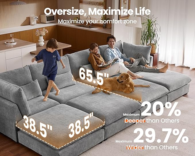 Oversized Modular Sofa, Extra Deep Cloud Chenille Sectional Couch with Ottoman Chaise, Fluffy Chenille 6 Seat U-Shaped Sofa for Living Room, Villa (U Shape 6 Seater, Chenille Grey)