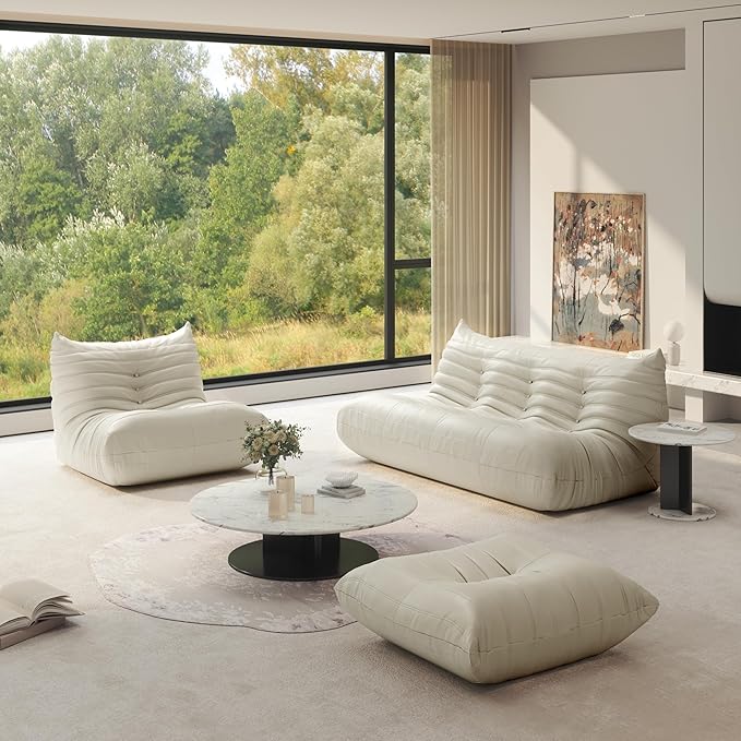 Fireside Chair Lazy Floor Sofa Set, Cozy Memory Foam Bean Bag Chairs, Faux Leather Giant Bean Bag Chair Sofa, Armless Foam Couch Lounger Tatami Recliner for Living Room Bedroom Dorm Office