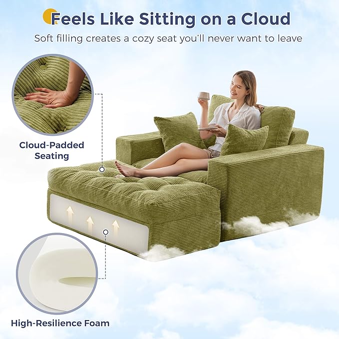 MAXYOYO Modular Sectional Chaise Lounge Sofa, Upholstered Lounge Chair with Ottoman, Comfy Couch with Layered Cushion, Tufted Upholstered Sleeper Chair for Living Room, No Assembly, Green