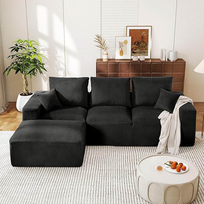 WESTSETLUX 108” Cloud Sectional Sofa Couch with High-Seat, Corduroy Modular Sofa with Oversized Chaise, High-Back Modern L-Shaped Couches for Living Room, No Assembly Required (Black)