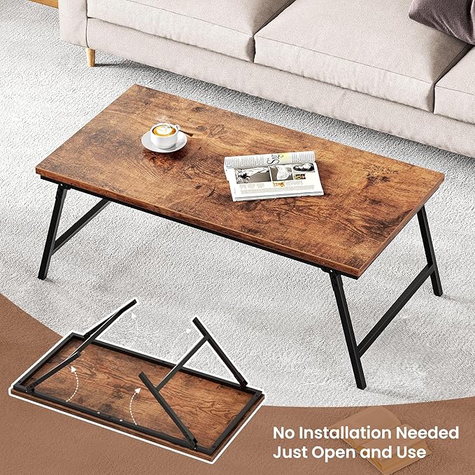 ALLSTAND Folding Coffee Table, Leg Latches Portable Sturdy Floor Table Desk for Sitting on The Floor, No Assembly Low Coffee Table for Living Room, Home, Office, Rustic Brown, 41.34L×21.65W×15.75H