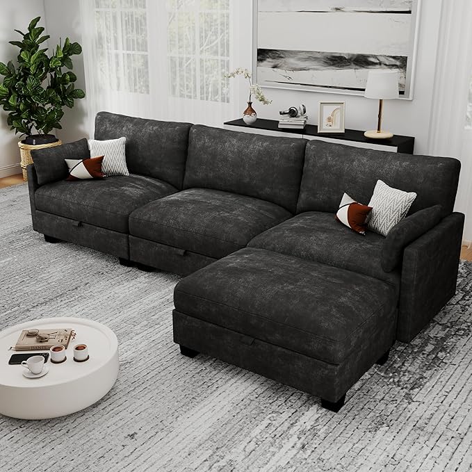 Modular Sectional L Shaped Sofa Couches for Living Room, Cloud Couch with Storage Ottoman, Comfy Chenille Sofa with Pillow, Black