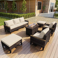 8 Pieces Outdoor Furniture Set, Modern Patio Conversation Sets with Fire Pit Table and Armchairs, Wicker Rattan Sofa Couches Chairs Ottomans for Porch, Deck, Balcony, Backyard, Yard (Beige Cushions)