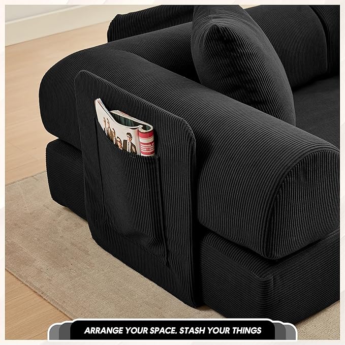 L Shaped Convertible Modular Sofa Bed with Cylindrical Pillow & Reversible Chaise, Corduroy Folding Floor Sofa Couch Bed with Fixed-Shape Frame & Storage Pocket for Living Room, Black