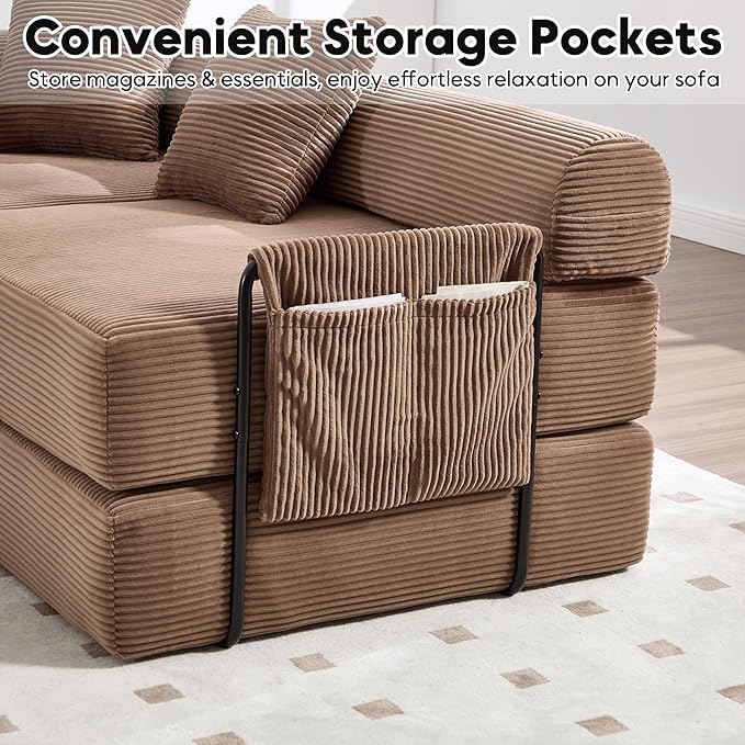 L Shape Convertible Sofa Bed with Cylindrical Pillow and Storage Pocket, Convertible Sofa Couch Bed with Support Frame for Living Room Bedroom Children Room-Brown