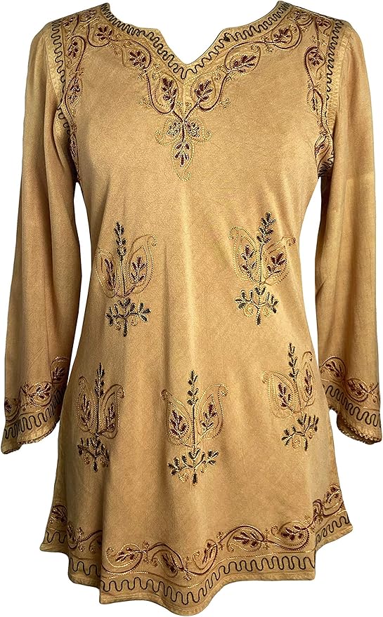 Agan Traders 2025 Winter Long Sleeve Diamond Neck Embroidered Tops - Medieval Boho Vintage Tunic Kurta Blouses for Women