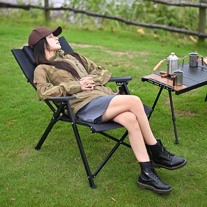 Reclining Camping Chair, Heavy Duty Folding Chairs with 4-Stage Adjustable High Back for Adults, Compact Foldable Outdoor Patio Reclining Chair with Storage Bag (Green, 2 Pack)