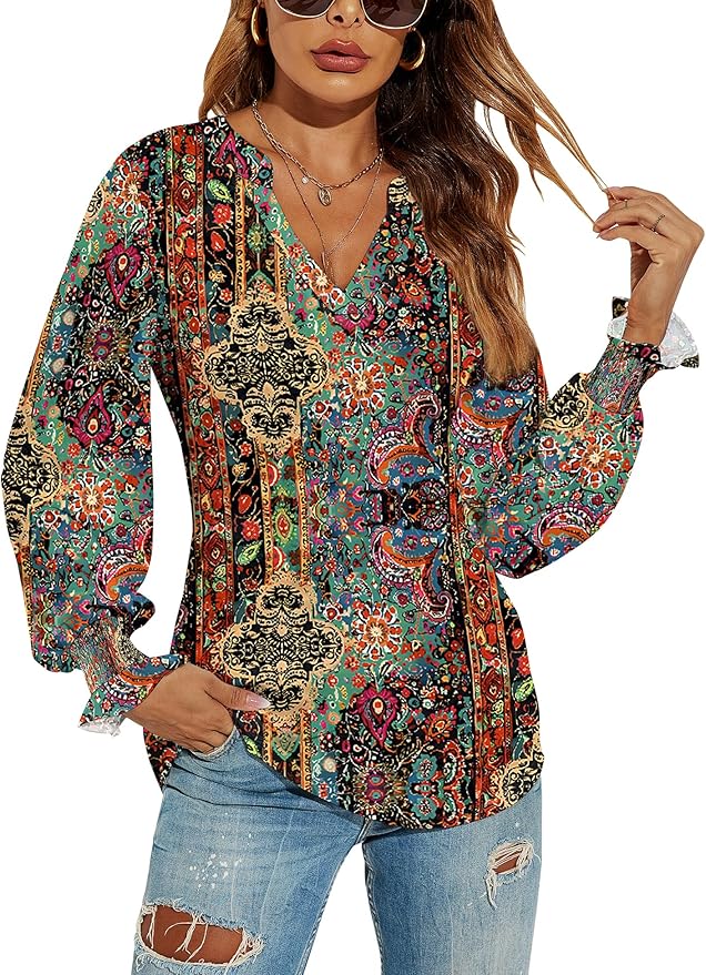 Romanstii Women's Casual V-Neck T-Shirts Loose Puff Long Sleeve Tops Tunic Blouses