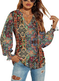 Romanstii Women's Casual V-Neck T-Shirts Loose Puff Long Sleeve Tops Tunic Blouses