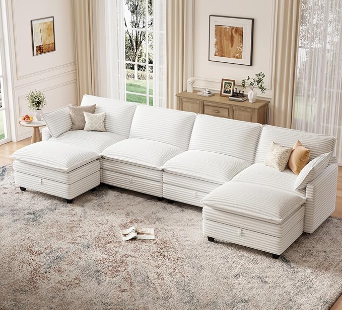 Modular Sectional U Shaped Sofa Couches with Storage Ottoman, Cloud Couch for Living Room, Comfy Sofa with Pillow, White
