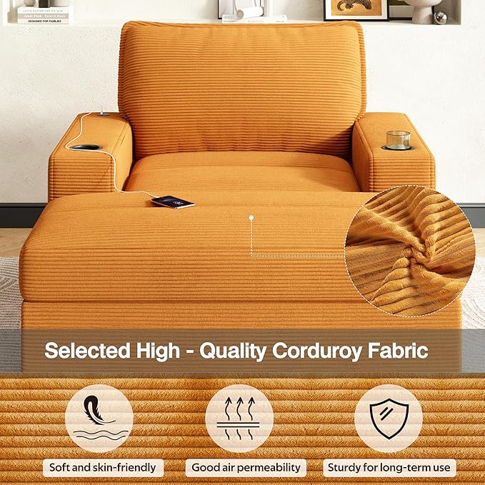 Merax 42.8" Oversized Chaise Lounge Chair with Storage Ottoman,Corduroy Sofa Bed with Cup Holders,USB Charging Port,Upholstered Sleeper Chair,Deep - Seat Reading Couch for Living Room,Bedroom,Yellow