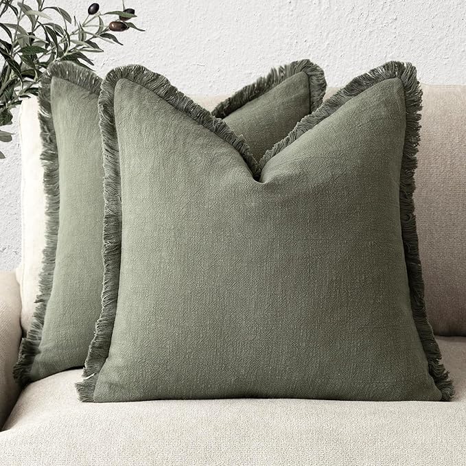 Foindtower Set of 2 Decorative Linen Fringe Throw Pillow Covers Cozy Boho Farmhouse Cushion Cover with Tassels Soft Accent Pillowcase for Couch Sofa Bed Living Room Home Decor, 26×26 Inch, Olive Green