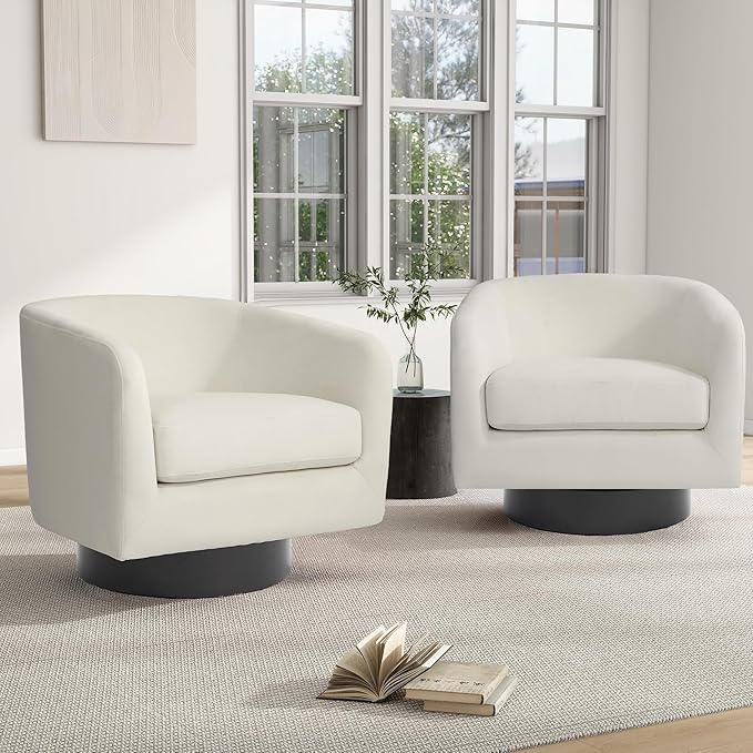 Swivel Barrel Chair, Modern Round PU Leather Accent Armchair for Living Room, Bedroom, Oversized Comfy Club Reading Chairs for Adults (Velvet Ivory, Set of 1)