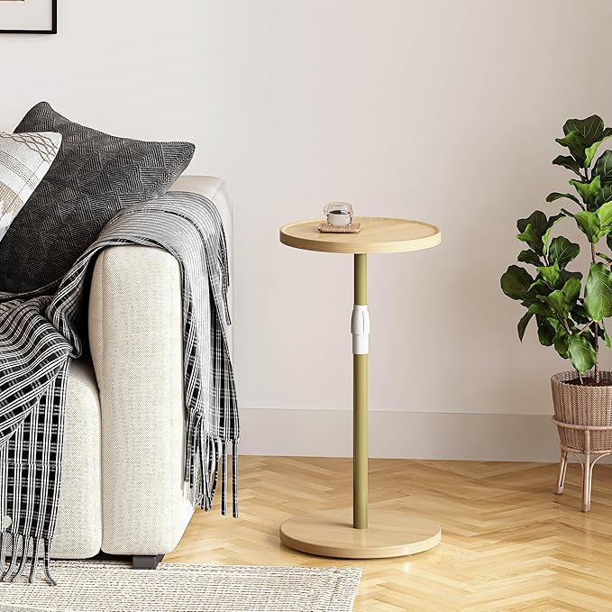 IRCPEN Adjustable End Table, Small Round Side Table, Drink Table for Small Spaces, Pedestal Nightstand for Living Room, Bedroom, Sofa Couch, Natural ET-010YW