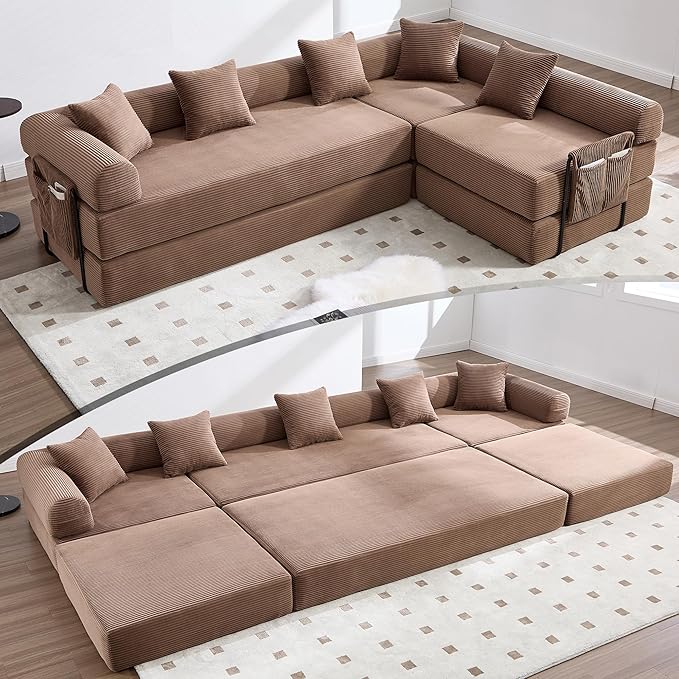 L Shape Convertible Sofa Bed with Cylindrical Pillow and Storage Pocket, Convertible Sofa Couch Bed with Support Frame for Living Room Bedroom Children Room-Brown