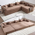 L Shape Convertible Sofa Bed with Cylindrical Pillow and Storage Pocket, Convertible Sofa Couch Bed with Support Frame for Living Room Bedroom Children Room-Brown