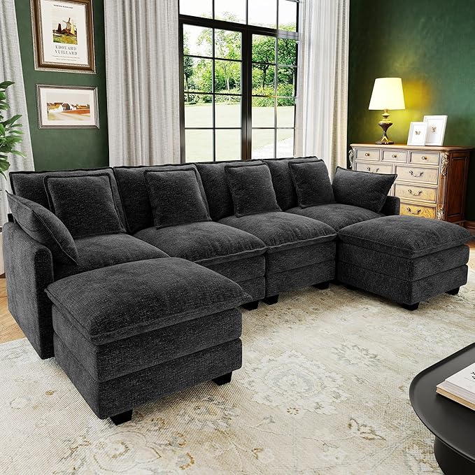 107" Cloud Couch Sectional, U Shaped Modular Sectional Sofa, 4-Seat Deep Seat Couch with 6 Removable Washable Pillows and 2 Ottoman for Living Room, Bedroom, Apartment, Black Grey
