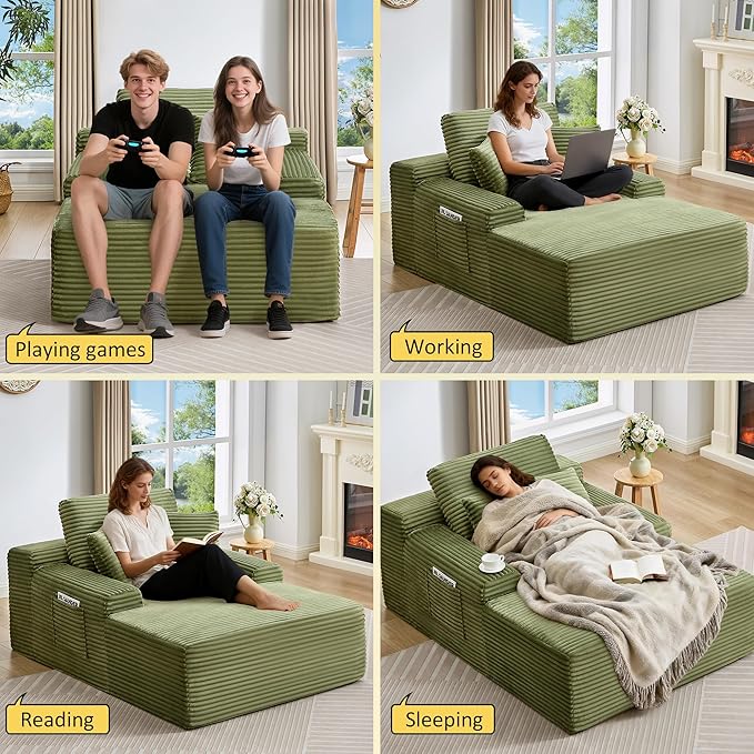 POINTANT 49”W Chaise Lounge Indoor, Oversized Couch Chair with 3 Throw Pillows, Corduroy Upholstered Boneless Sofa Bed,Lazy Bed Sleeper Reading Chairs for Living Room Apartment, No Assembly (Green)