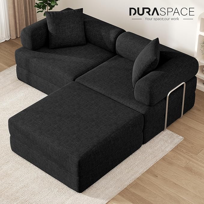 DURASPACE 117.6'' Convertible Folding Sofa Bed, Floor Sleeper Sofa Couch with Fixed-Shape Frame, Oversized Modular Sectional Couch for Living Room, No Assembly Required (Chenille Black)