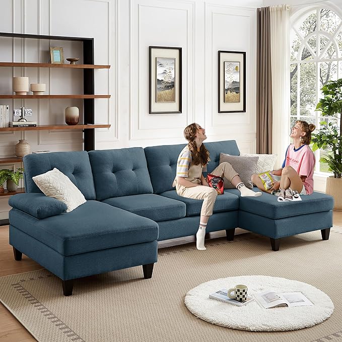 Chireca 111" Sectional Couch for Living Room, Modern Polyester Fibre U Shaped Sofa Couches with Double Chaise, Upholstered 4 Seater Sofa for Living Room, Apartment, Office, Blue