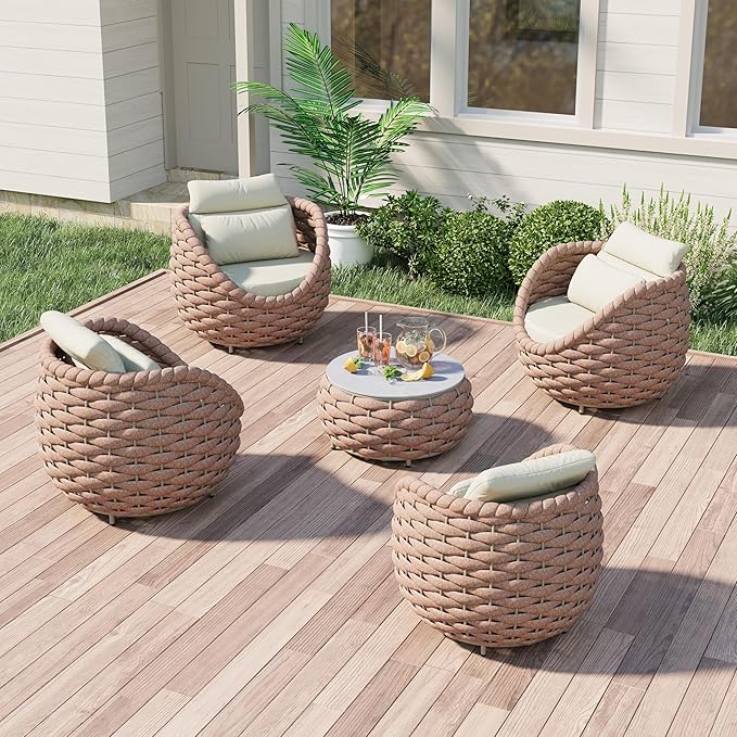 Erotr Aluminum Patio Conversation Set: 5 Pieces Deck Furniture Set All Weather - Cushioned Woven Rope Outdoor Sofa Set Assembled - Metal Modern Couch Set for 400 lbs Porch Garden Hotel, Terracotta
