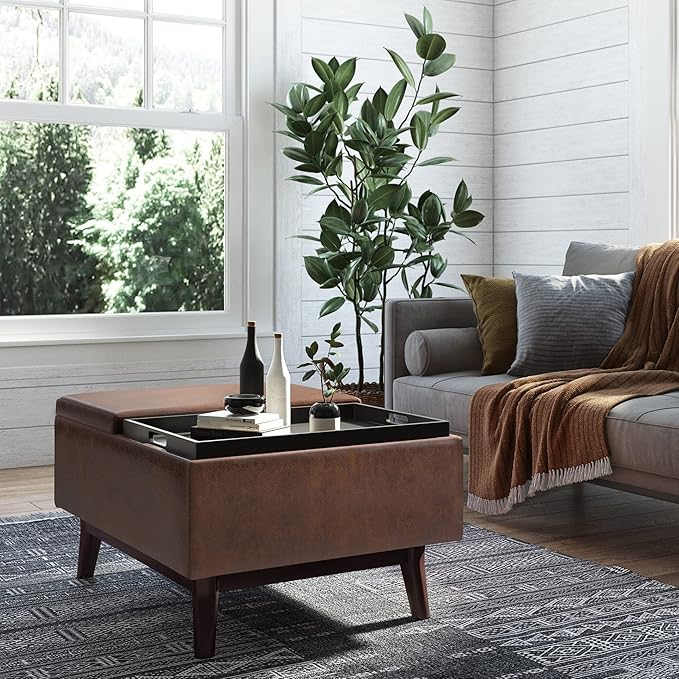 SIMPLIHOME Owen Tray Top Small Coffee Table Storage Ottoman - 34 inch Wide Upholstered Vegan Leather Rectangular Flip-Top Ottoman in Distressed Chestnut Brown, Mid-Century Ottoman for Living Room