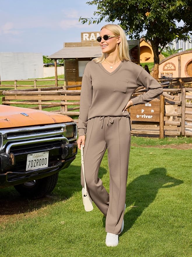 difficort Women's 2 Piece Lounge Sets Casual Travel Airport Outfits Side Slit V-Neck Tops & Wide Leg Pants Matching Set