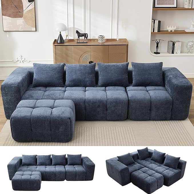 119" Boneless Couch, Cloud Sectional Couch with Deep Seat, High-Density Memory Foam and Chaise, Sectional L Shaped Sofa, Boneless Couches for Living Room, No Assembly Required Tufted Sofa, Blue
