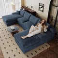 136" Cloud Sectional Couch U-Shaped Chaise with Ottoman, Corduroy Boneless Couch for Living Room Bedroom, Deep-Seat Upholstered Modular Cloud Sofa, No Assembly Required (Blue, Left Facing Chaise)
