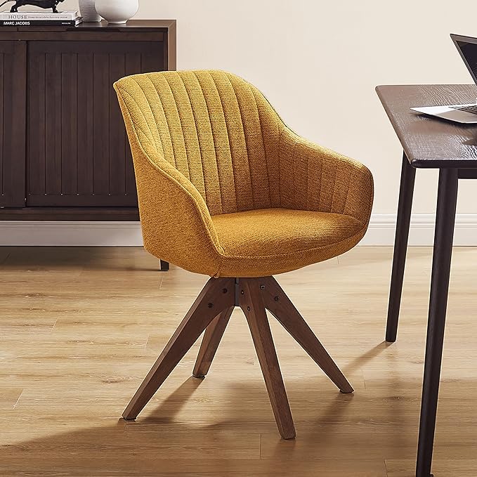 Art Leon Desk Chair No Wheels - Mid Century Modern Office Chair, Swivel Accent Chair with Oak Wood Legs, Fabric Upholstered Arm Chair, Yellow