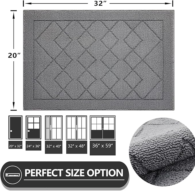 REFETONE Indoor Doormat, Front Back Door Mat 20"x32" Rubber Backing Non Slip Mats, Absorbent Washable Entrance Doormat for Entryway, Resist Dirt Low-Profile Inside Floor Mats for Muddy Shoes, Grey