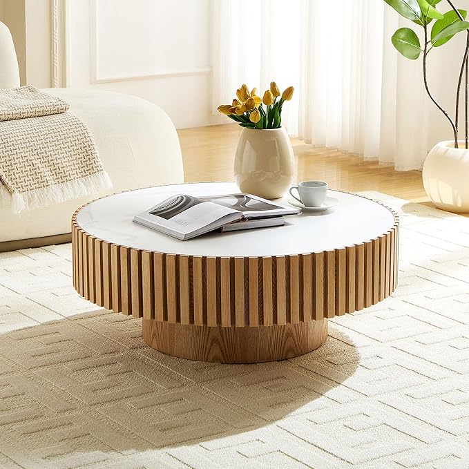 35.43''/90CM Modern Drum Coffee Table, Luxury Circle Wood Coffee Table for Apartment,Small Space (Original Wood(Oak), Ø35.43 x 13.77 Sintered Stone Tabletop)