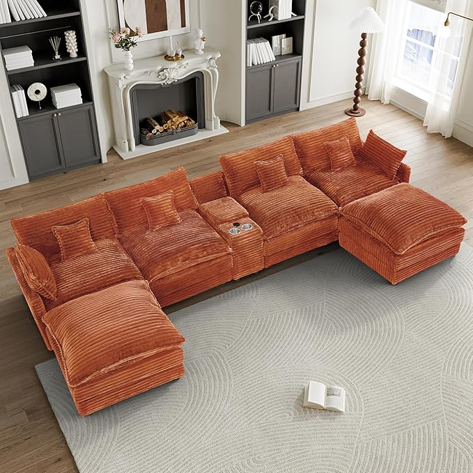 HYJT-H&K 145" U Shaped Cloud Couch Modular Orange Sectional Couches for Living Room, Comfy Fluffy Corduroy Oversized Cloud Sectional Couch Large 6 Seat Sectionals Sofa Set Central Console USB Port