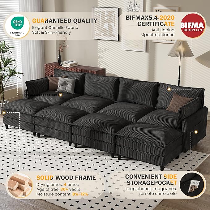 Apicizon 143" Cloud Sofa Sectional, Modern Corduroy Cloud Sofa Set with Side Storage Pocket, Comfy Convertible Sleeper Couch with Chaise for Living Room, Apartment, Office, Black