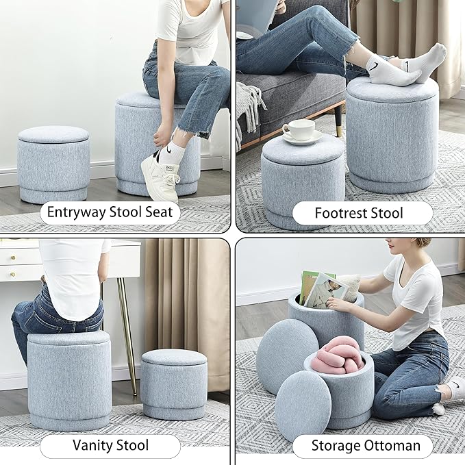Homebeez Set of 2 Round Ottomans with Storage, Linen Cotton Stool for Living Room Bedroom, Multifunctional Footrest, Coffee Table, Vanity Seat, 300 lbs Capacity, Light Blue