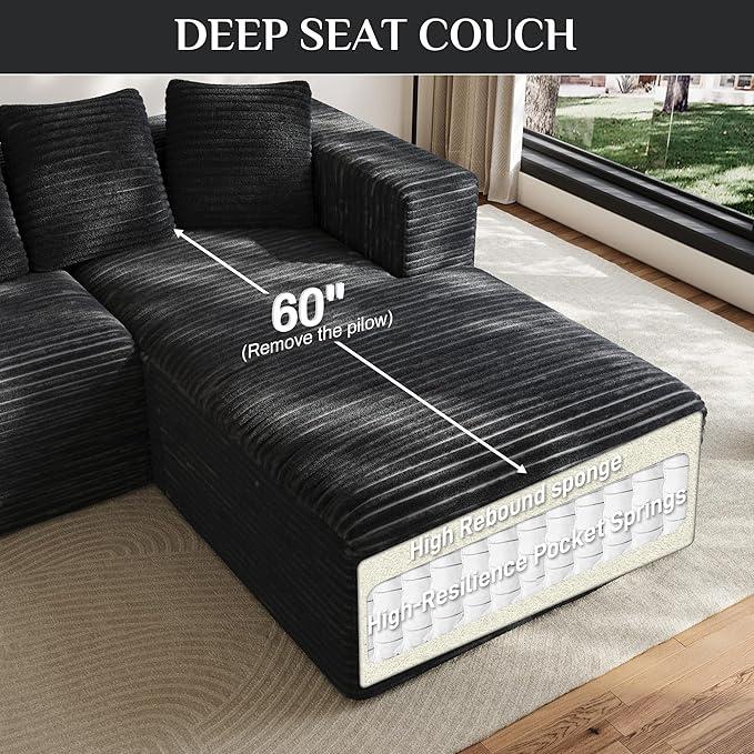 Modular Sectional Sofa, 107" L Shaped Cloud Couch Plush Corduroy Deep Seat Boneless Sofas with 5 Pillows Long Chaise Lounge Couches Memory Foam for Living Room - Dark Grey, Right Facing Chaise