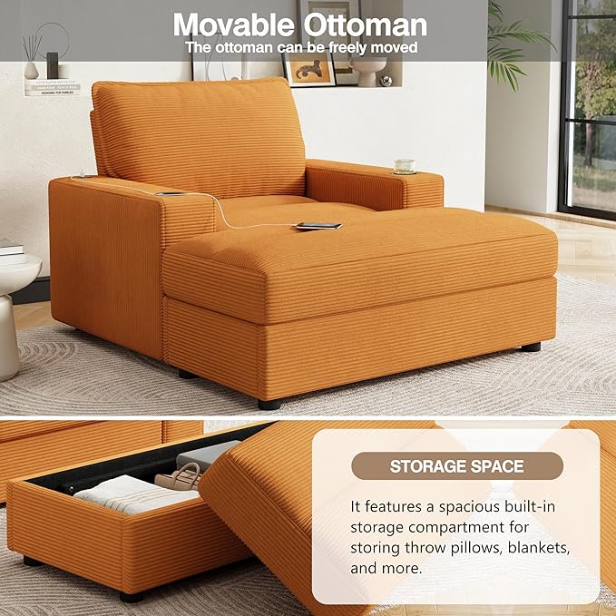Merax 42.8" Oversized Chaise Lounge Chair with Storage Ottoman,Corduroy Sofa Bed with Cup Holders,USB Charging Port,Upholstered Sleeper Chair,Deep - Seat Reading Couch for Living Room,Bedroom,Yellow
