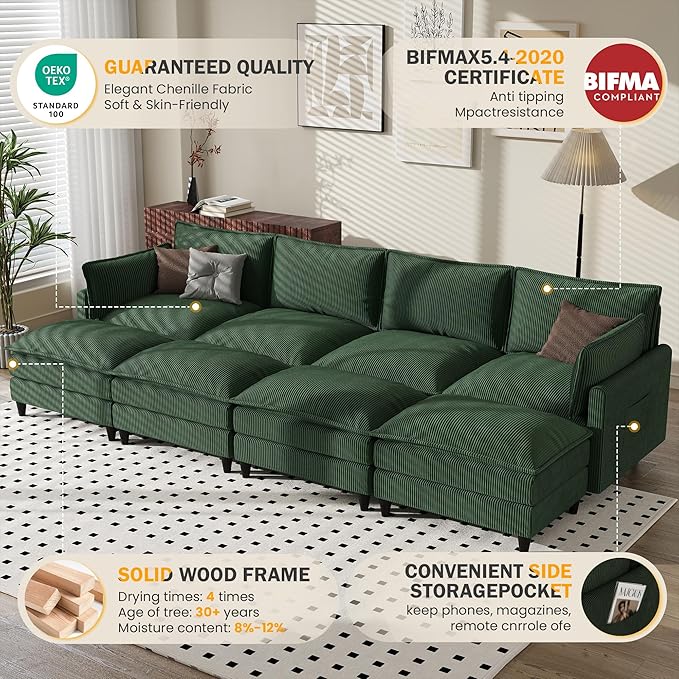 Apicizon 143" Cloud Sofa Sectional, Modern Corduroy Cloud Sofa Set with Side Storage Pocket, Comfy Convertible Sleeper Couch with Chaise for Living Room, Apartment, Office, Green