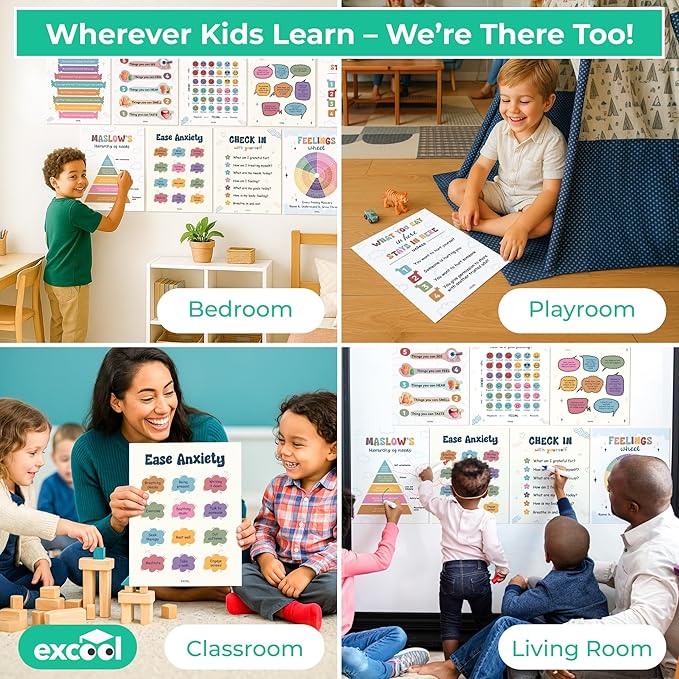 EXCOOL CLUB 9 Pcs Mental Health Posters For Classroom Decor - 11x14 Therapy Wall Decor Feeling Wheel Poster, Emotions Chart Inspirational Wall Art For Kids, School Counselor Office Must Haves