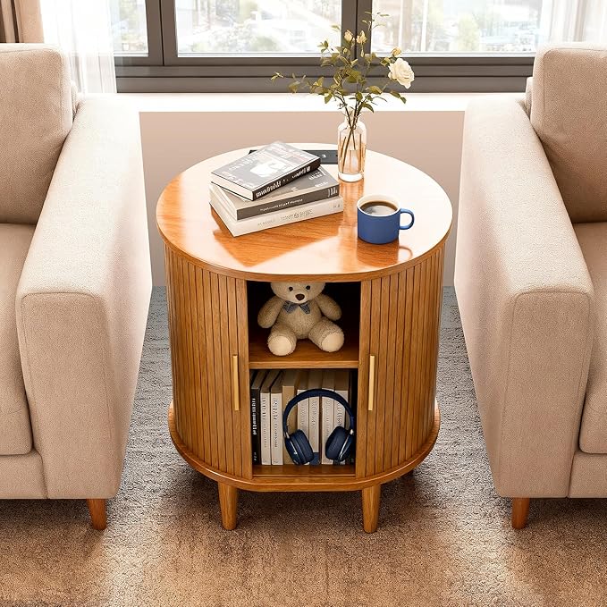 DHH Mid Century Modern Nightstand Set of 2 with Charging Station,Fluted Accent Side Table with Sliding Door & Adjustable Shelf,End Table for Small Space, Living Room, Bedroom,Sofa Couch,Yellow Walnut