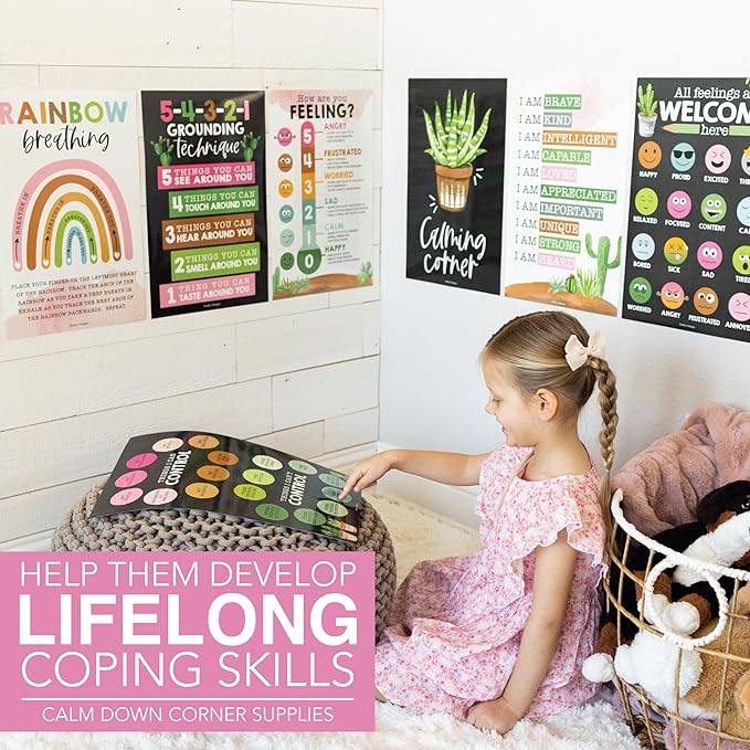 Hadley Designs 8 Calming Corner Posters For Classroom Must Haves For Teachers - 11x17 Calm Down Corner Supplies, Feelings Chart For Kids Ages 4-8, Toddler Emotions Chart, Cactus Classroom Decor