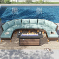 PHI VILLA 7-Piece Half Moon Patio Furniture Set with 56" Fire Pit Table, Outdoor Wicker Sectional Sofa with Cushions, Large Curved Conversation Seating for Garden or Backyard, Aqua Blue