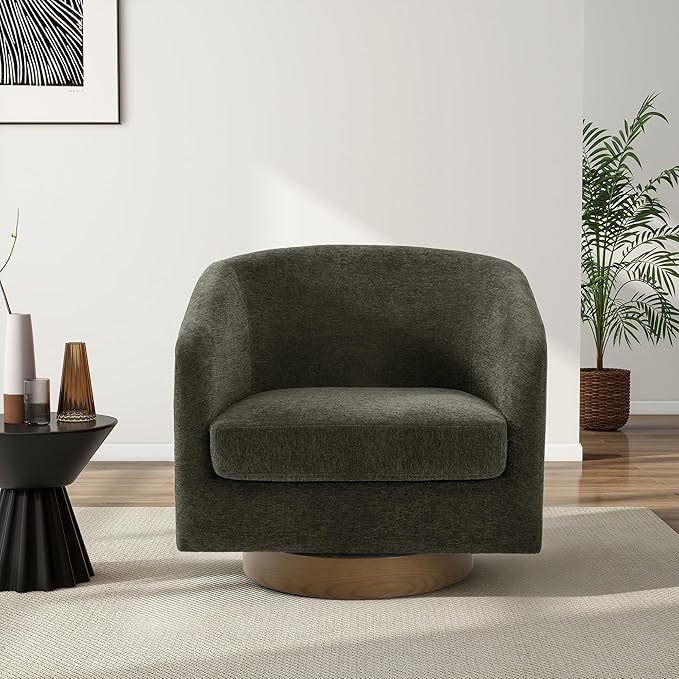 Swivel Barrel Chair, Modern Round PU Leather Accent Armchair for Living Room, Bedroom, Oversized Comfy Club Reading Chairs for Adults (Chenille Tan, Set of 2)